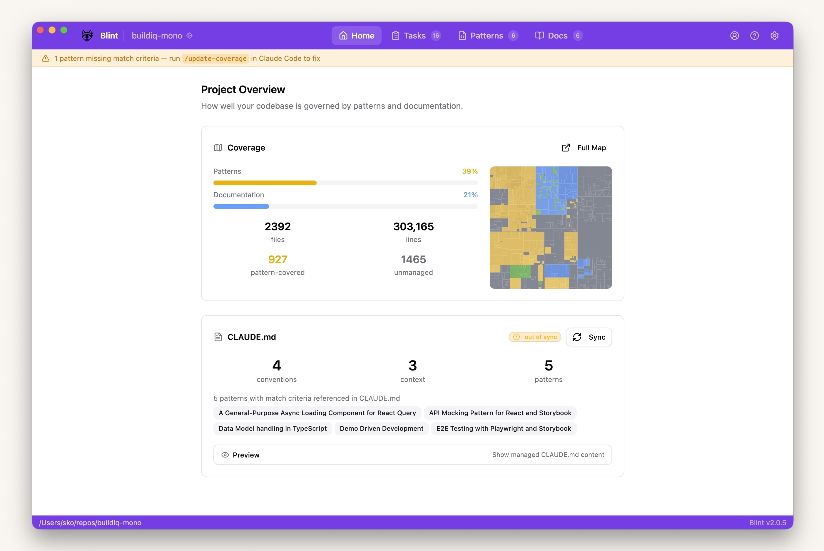Blint desktop app showing coverage map, pattern status, and CLAUDE.md management